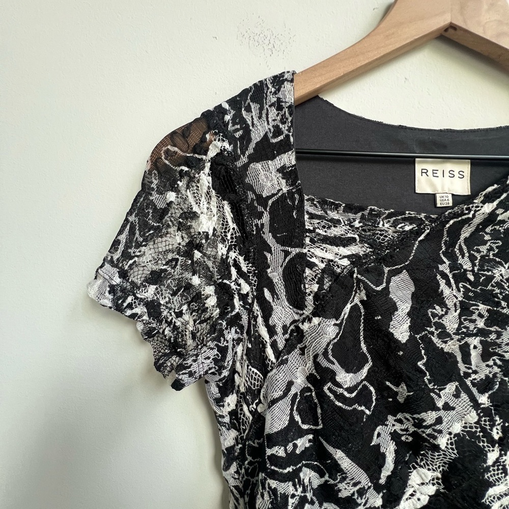 REISS Bodycon Romisa Draped Lace dress Asymmetrical Whimsical Y2K abstract print - Picture 7 of 15